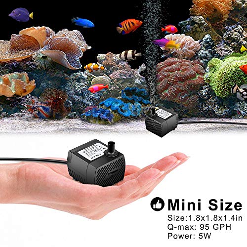 PULACO 95GPH 5W Mini Submersible Water Pump with 3.3 ft Tubing for Aquarium Fish Tank, Pond, Fountain, Hydroponics