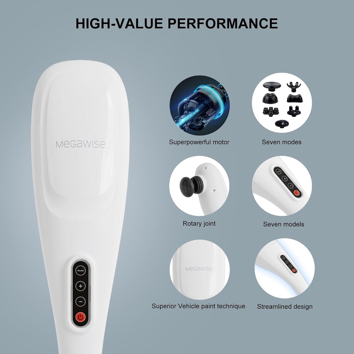 MEGAWISE Handheld Back Massager | Deep Tissue Percussion Massage for Back, Neck, Shoulders, Waist and Legs (Cordless Off-White)