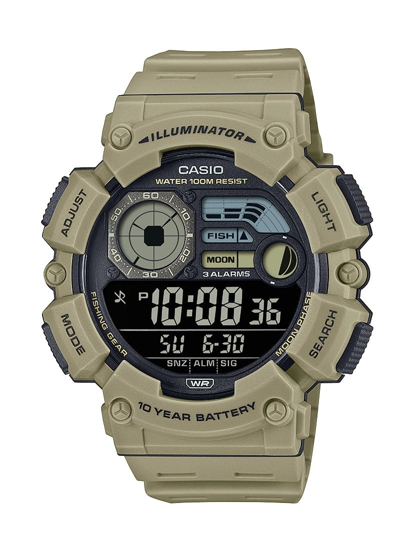 Casio WS1500H Series | Men’s Digital Watch | 100M WR | Dual Time | Countdown Timer | LED Light | Moon Phase | Fishing Mode | Auto Calendar | Multi Alarms | 1/100 SEC Stopwatch