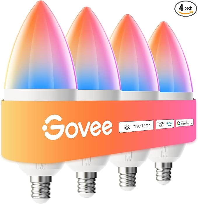 Govee E12 Led Bulb, Smart Light Bulbs Work with Matter, Alexa, Google Assistant, WiFi Candelabra Bulbs 40 Watt Equivalent, RGBWW Color Changing Light Bulb, 2.4GHz Only, 450 LM, 4 Pack