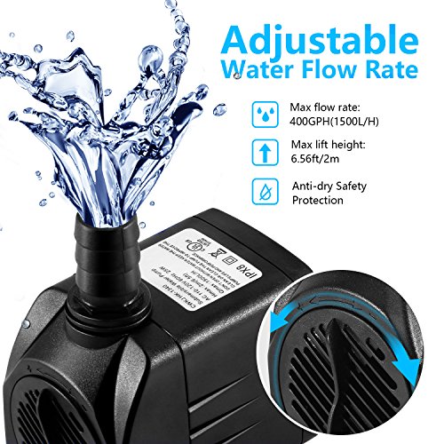 CWKJ Fountain Pump, 400GPH(25W 1500L/H) Submersible Water Durable Outdoor Pump with 6.5ft Tubing (ID x 1/2-Inch), 3 Nozzles for Aquarium, Pond, Fish Tank, Hydroponics
