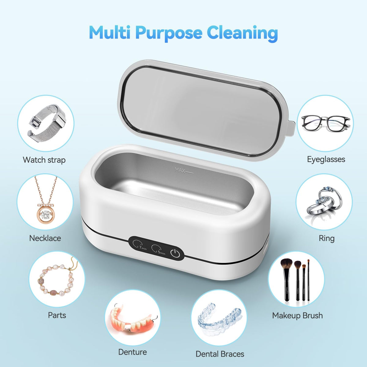 Ultrasonic Jewelry Cleaner, 48KHz Ultrasonic Cleaner Machine for Jewelry, Eyeglasses, Rings, Watch Strap, Dentures-Dual Cleaning Modes, 304 Stainless Steel Tank