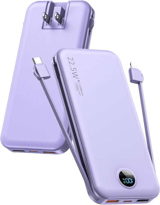 Portable Charger 10000mAh PD20W w/Built-in Cables & Wall Plug Purple