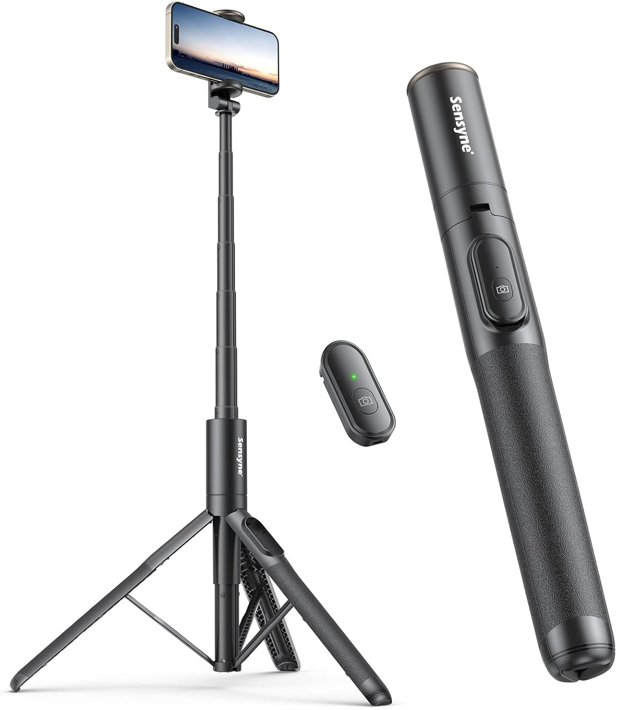 Sensyne 60" Phone Tripod - Selfie Stick, Lightweight All in One Phone Tripod Integrated with Wireless Remote Compatible with All Cell Phones for Selfie/Video Recording/Photo/Live Stream/Vlog（Black）
