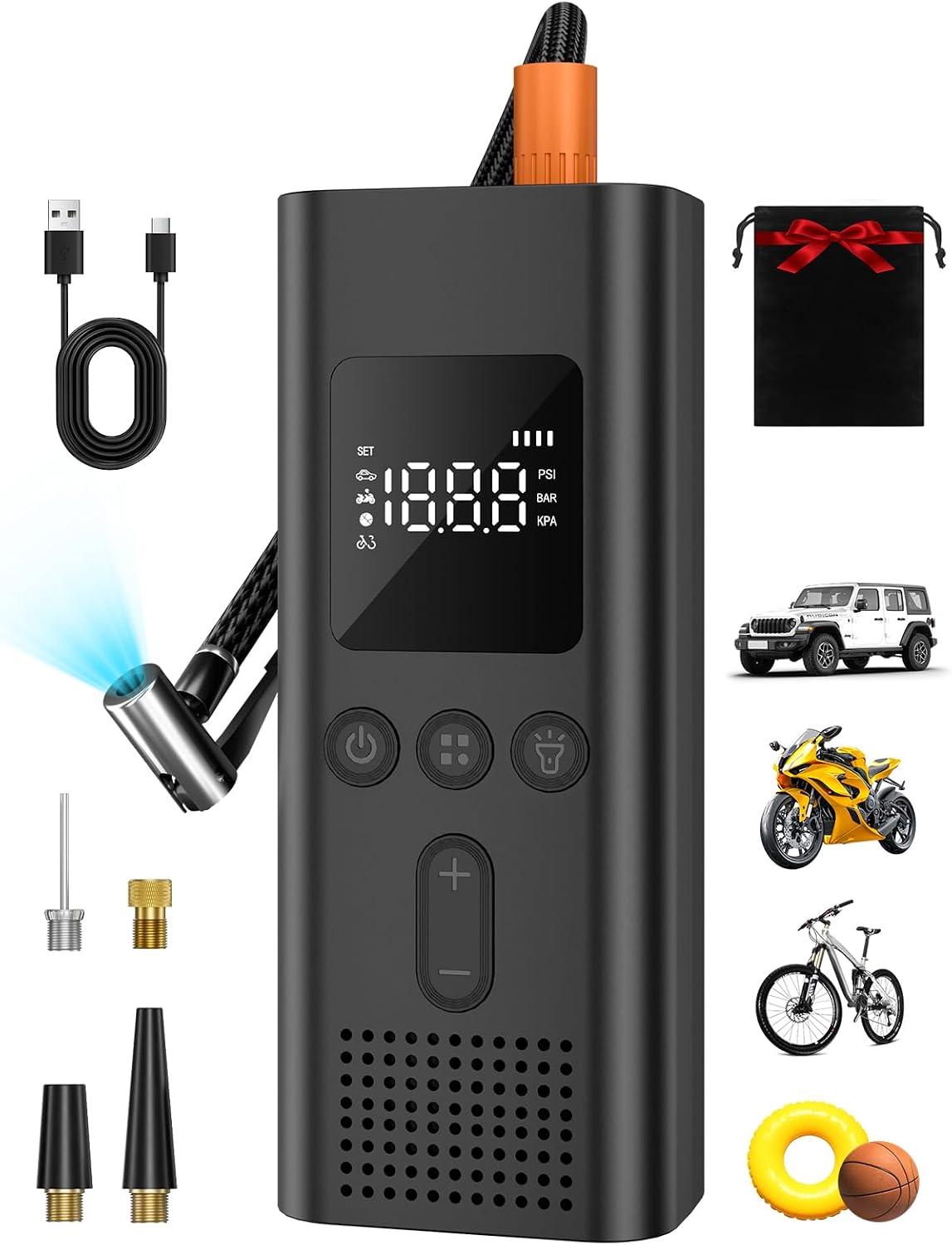 Tire Inflator Portable Air Compressor, Bike Pump with Auto Shut-Off 150PSI, Cordless, Fast Inflation, Emergency Tool, Air Pump for Car Tires, Bikes, Balls, Swimming Ring