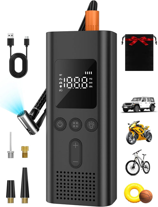 Tire Inflator Portable Air Compressor, Bike Pump with Auto Shut-Off 150PSI, Cordless, Fast Inflation, Emergency Tool, Air Pump for Car Tires, Bikes, Balls, Swimming Ring