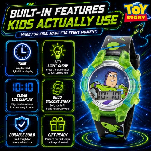 Disney Pixar Toy Story 4 Buzz Lightyear Kids Flashing LCD Watch with Colorful Light-Up Dial, Durable Case, Space-Themed Strap – Perfect for Ages 4+ Boys and Girls – Fits Wrists 5.5" to 8"