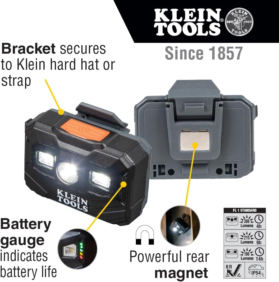 Klein Tools 56062 Rechargeable LED Headlamp / Worklight for Klein Hardhats, 300 Lumens, All-Day Runtime, 3 Modes, for Work and Outdoors