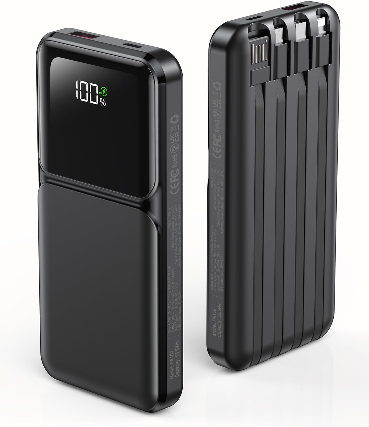 Portable Charger with Built in Cable - Power Bank Fast Charging USB C LED Display 10000mah Battery Pack 5 Outputs & 3 Inputs for Travel Essentials iPhone Samsung Android Phones Tablets Black