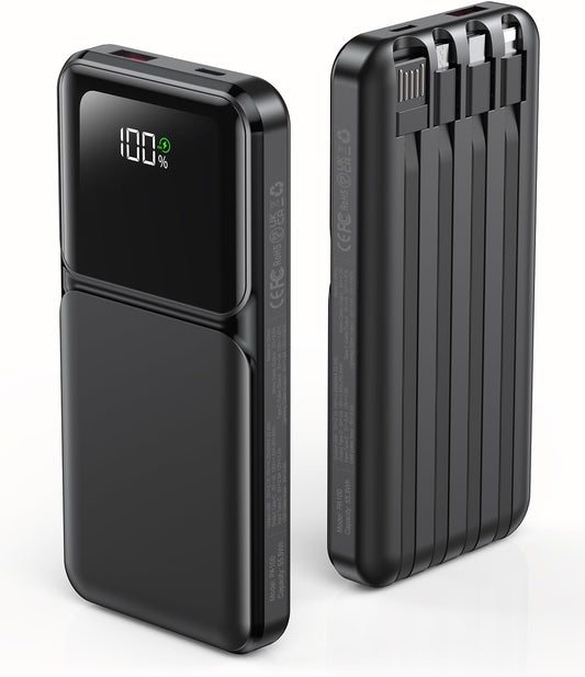 Portable Charger with Built in Cable - Power Bank Fast Charging USB C LED Display 10000mah Battery Pack 5 Outputs & 3 Inputs for Travel Essentials iPhone Samsung Android Phones Tablets Black