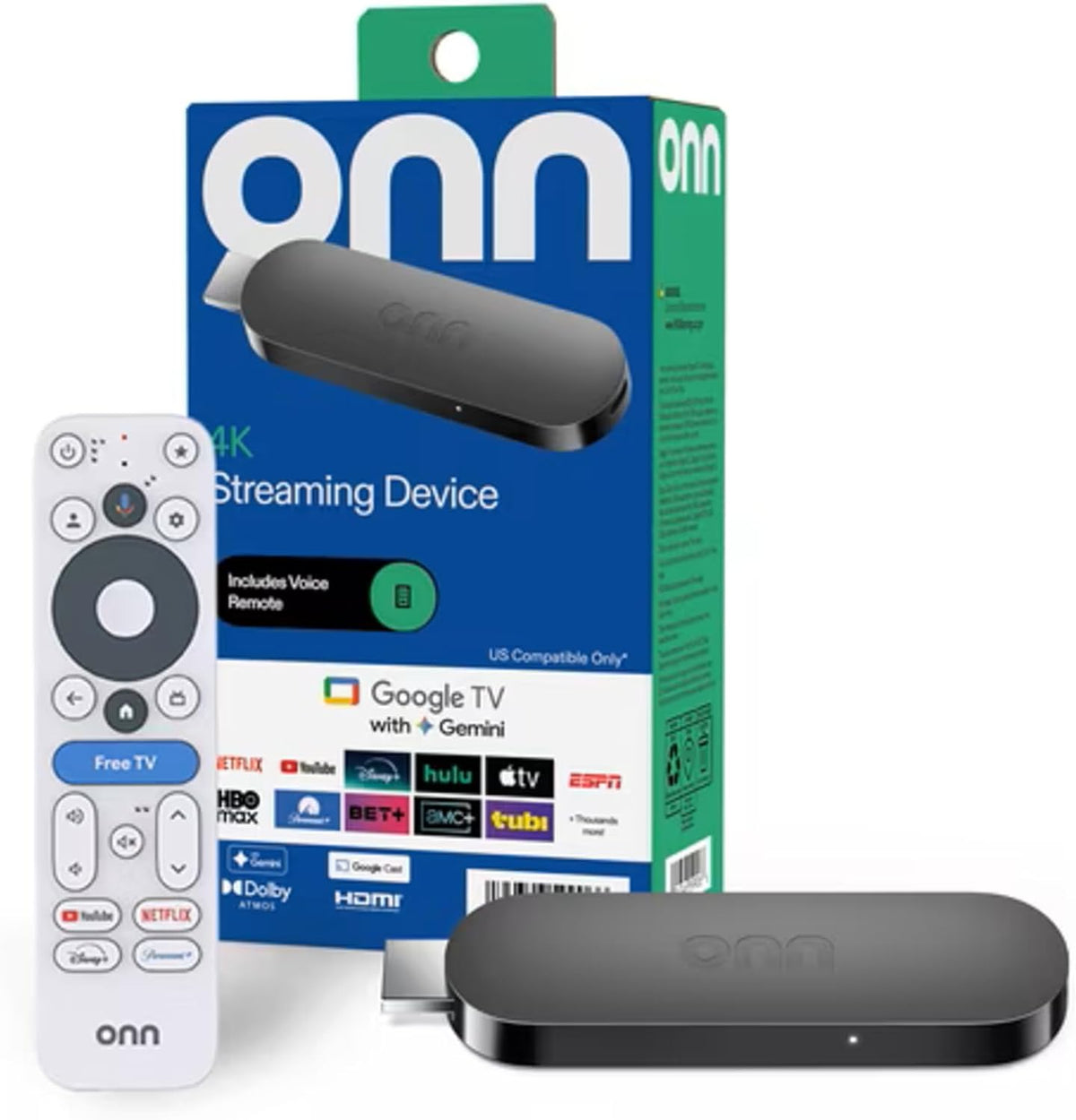 ONN Android TV 4K UHD Streaming Device with Voice Remote Control Google Assistant & High Speed HDMI Cable (100026240) Black