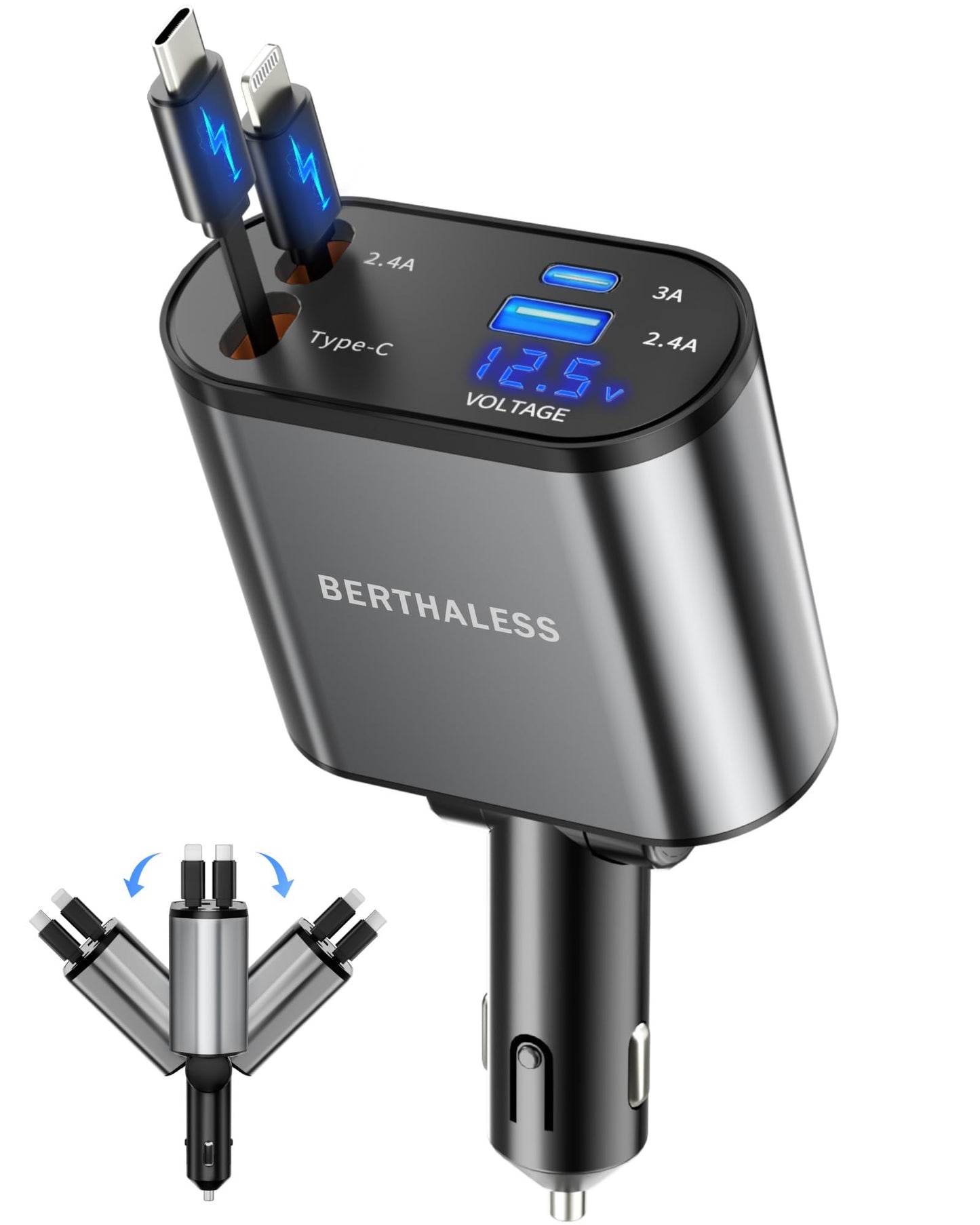 BERTHALESS Retractable Car Charger, 4 in 1 Fast Charging Car Charger with USB-C & USB-A, Compatible with iPhone 17/16/15/14/13/12/11,Galaxy,Pixel,Car Accessories Gifts for Fathers Day,Husband,Men,Dad