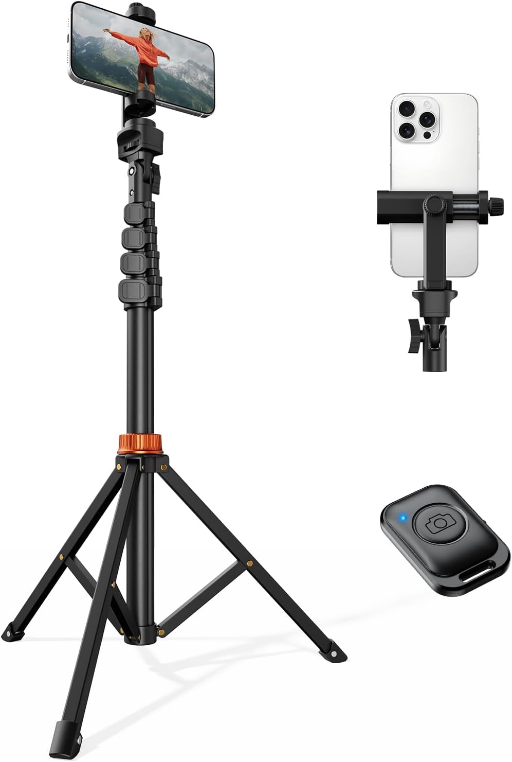 66" Phone Tripod, Tripod for iPhone with Remote & Ultimate Phone Mount, Extendable Selfie Stick Cell Phone Tripod Stand for Video Recording, Compatible for iPhone/Android/Camera, Light Stand