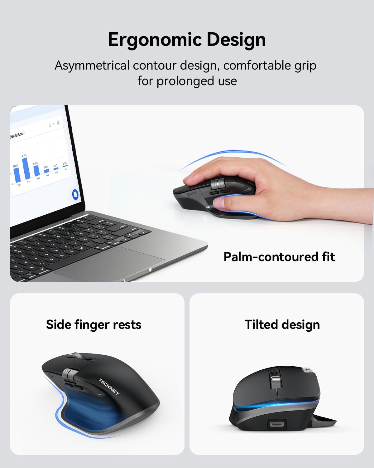 TECKNET Wireless Mouse, Bluetooth Mouse (BT5.3/5.0 & 2.4G) Rechargeable Ergonomic Optical Mouse with 6 Adjustable DPI, Side Scroll, Quiet Clicks, USB A Receiver, 7 Buttons, Wide Compatibility - Black