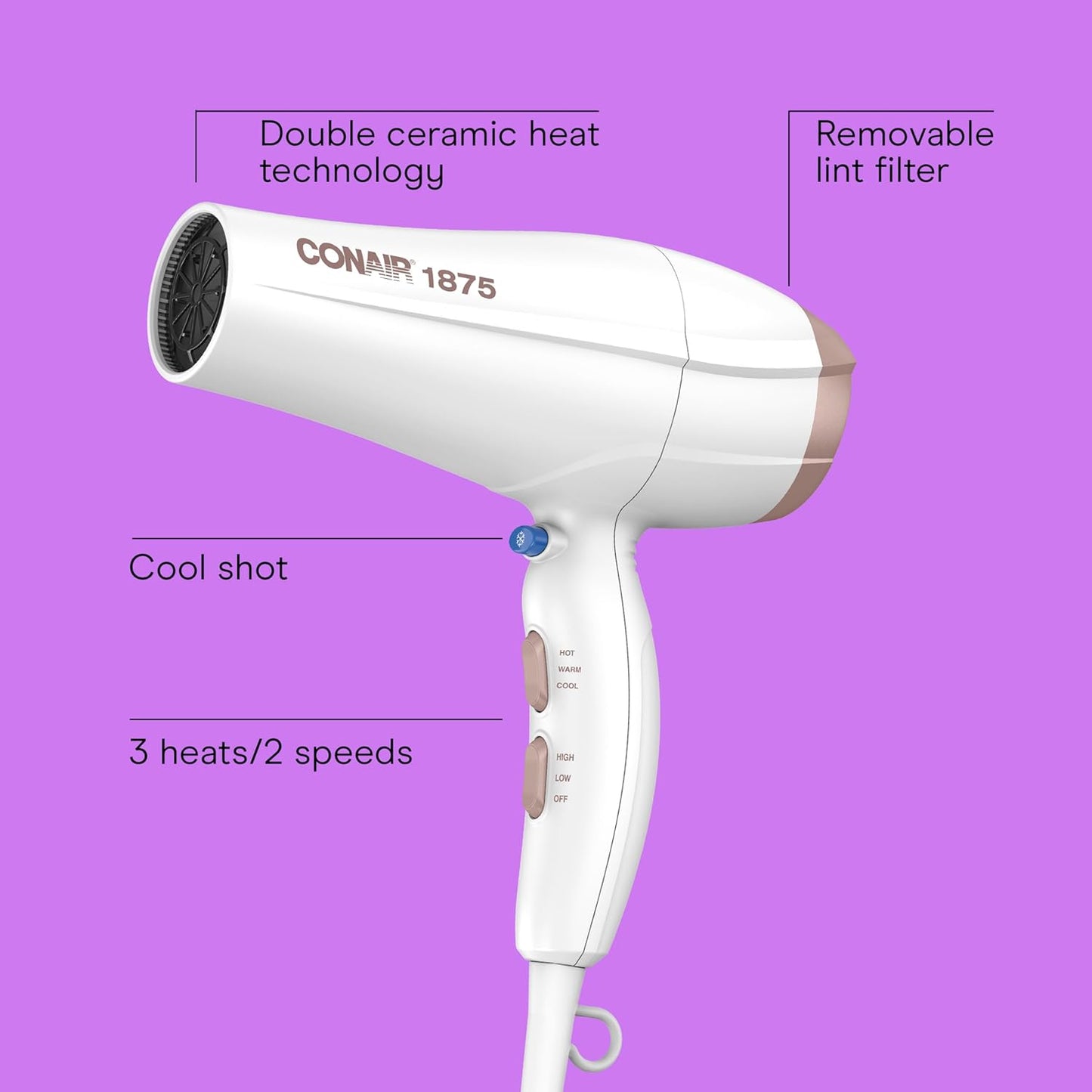 Conair Double Ceramic Ionic Hair Dryer, 1875W Blow Dryer with Diffuser & Concentrator (White)