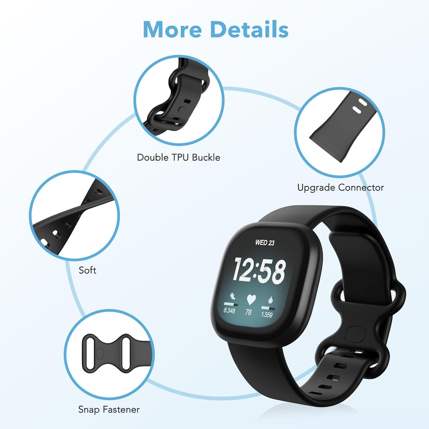 2 Pack Waterproof Bands Compatible with Fitbit Versa 3 / Fitbit Versa 4 / Fitbit Sense/Sense 2 Bands, Classic Soft Sports Replacement Wristbands for Women Men (Large 7.1''-8.7'', black/black)
