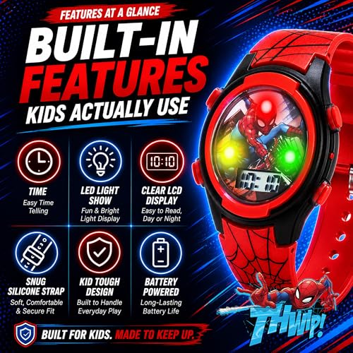 Marvel Spider-Man Kids Watches – Digital Display, Interactive Features, Adjustable Strap, Vibrant Spider-Man Graphics, Durable for Active Kids