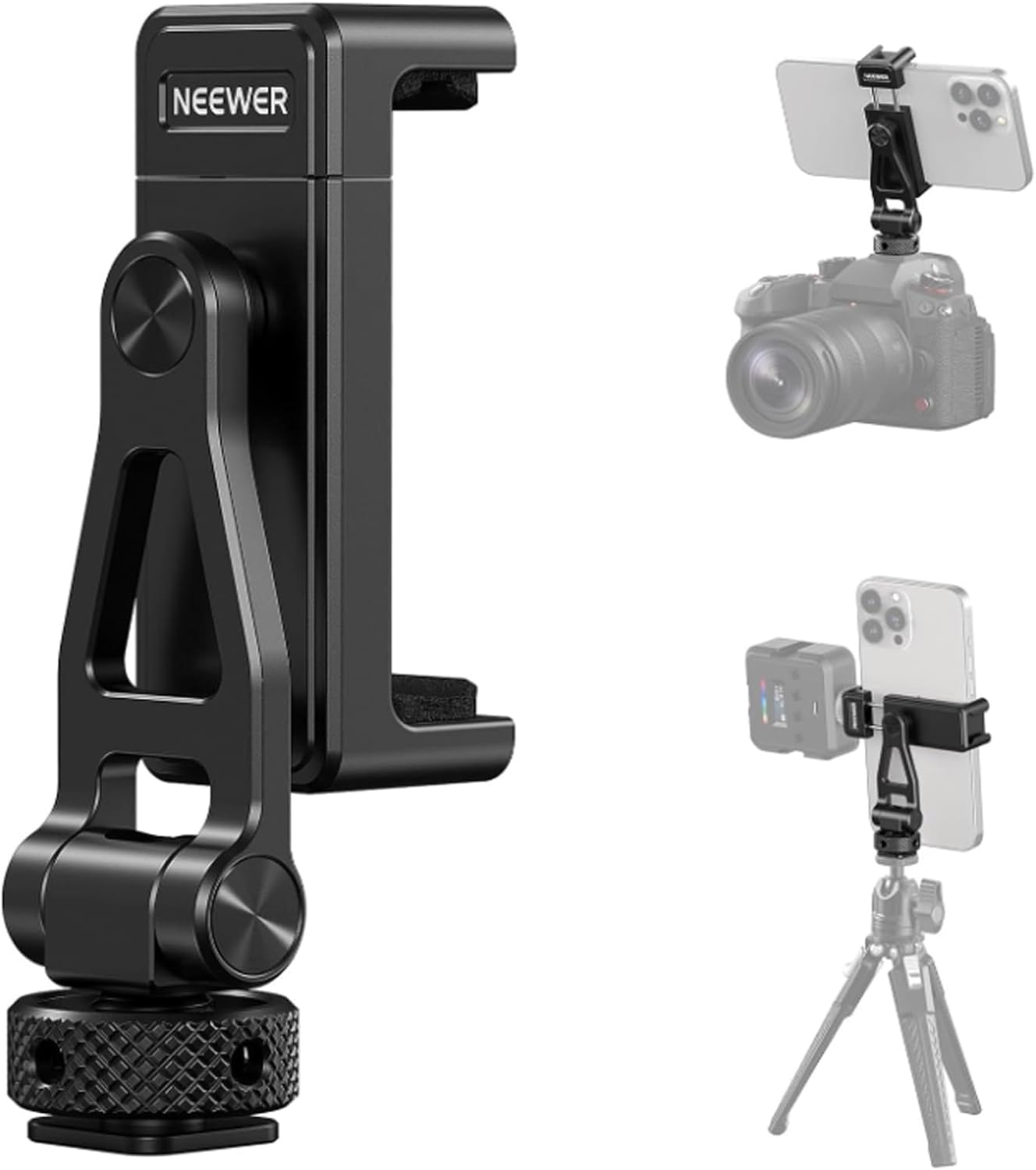 NEEWER Metal Phone Tripod Mount with Cold Shoes, 1/4" Thread, 180° Tilt, 360° Rotation, Adjustable Phone Clamp Holder Compatible with iPhone 17 Pro Max 16 15 Samsung S25 S24 Ultra Camera Cage, GA010