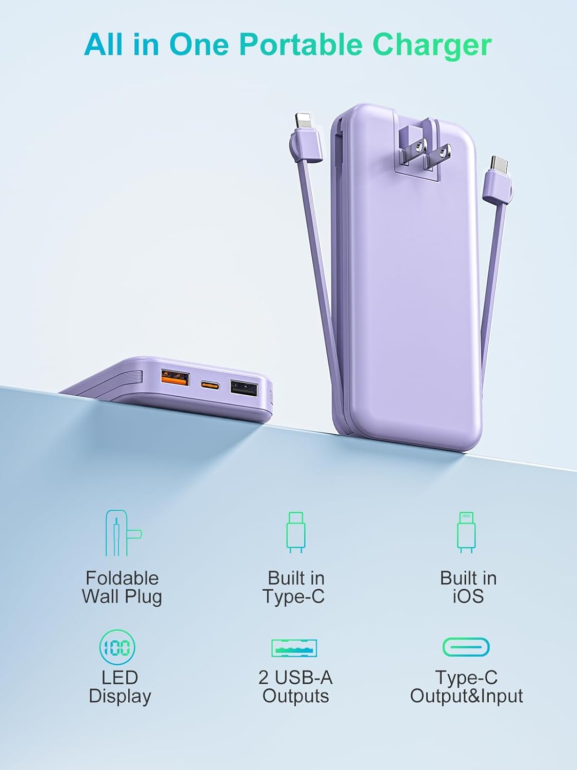 Portable Charger 10000mAh PD20W w/Built-in Cables & Wall Plug Purple