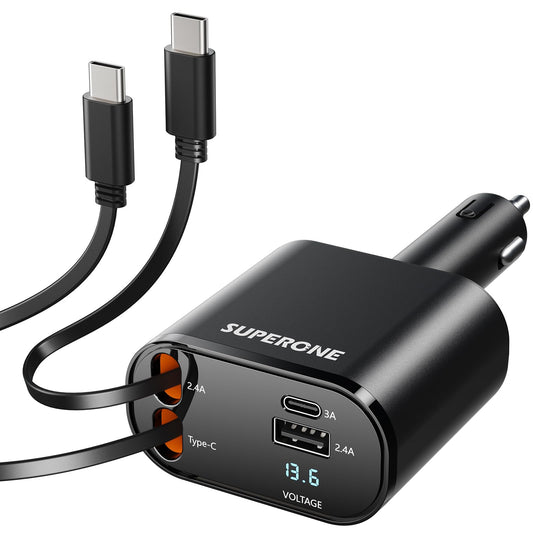 SUPERONE Retractable Car Charger for iPhone with Dual Type C Cables, 4 in 1 USB C Car Charger Adapter with 69W Fast Charging Compatible with iPhone 17 16 15 14 13 12 11 Pro/XS/XR/SE/iPad/Airpods