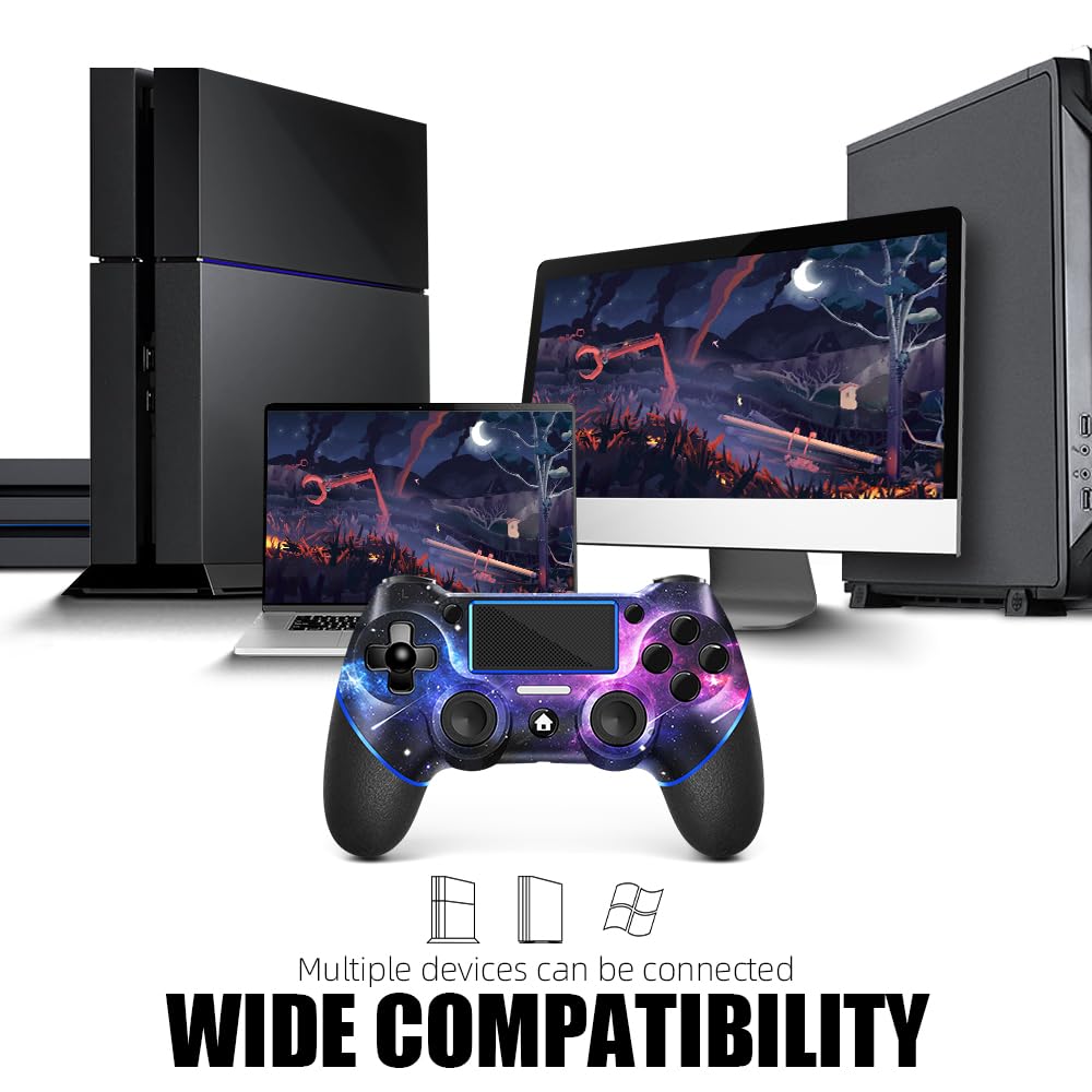 AceGamer Wireless Controller for PS4 – Custom V2 Gamepad with Non-Slip Grip, 3.5mm Audio Jack & Thumb Caps (Galaxy Design)