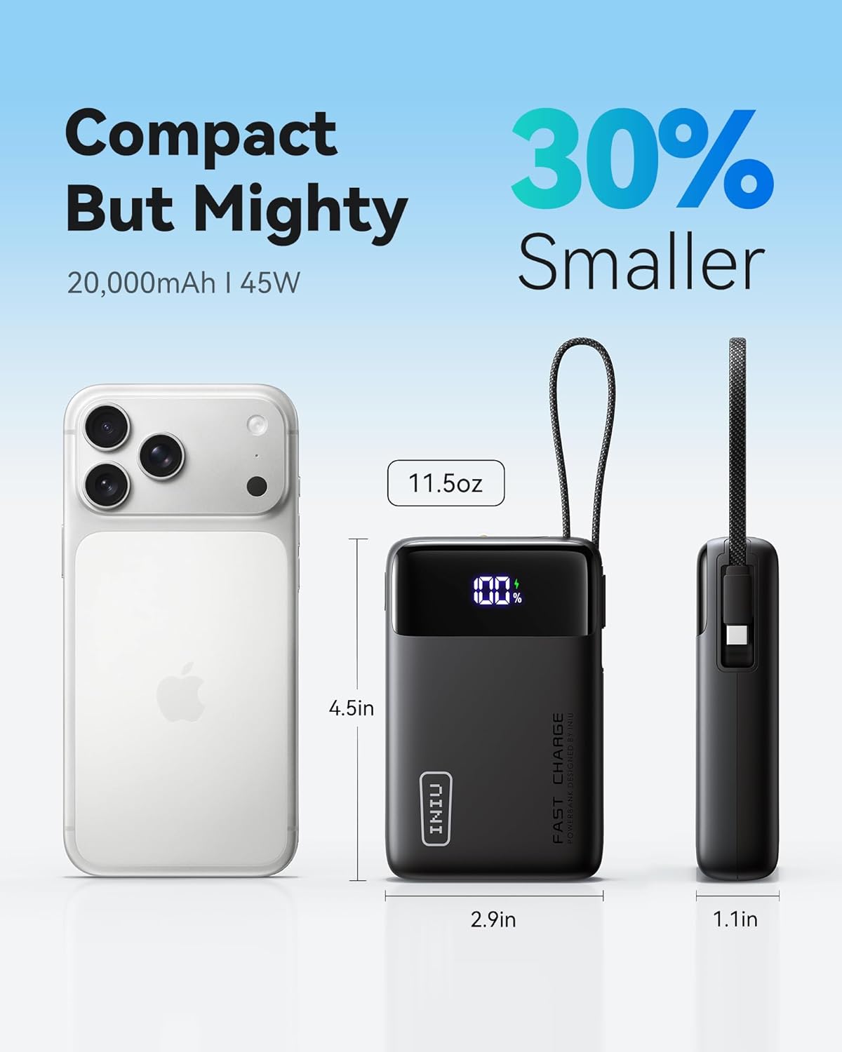 INIU 45W Portable Charger, Smallest 20000mAh Power Bank with Build in USB-C Cable, Fast Charging USB C in&Out Battery Pack, Travel Phone Charger for iPhone 17 16 15 Air Samsung S25 S24 Google iPad etc