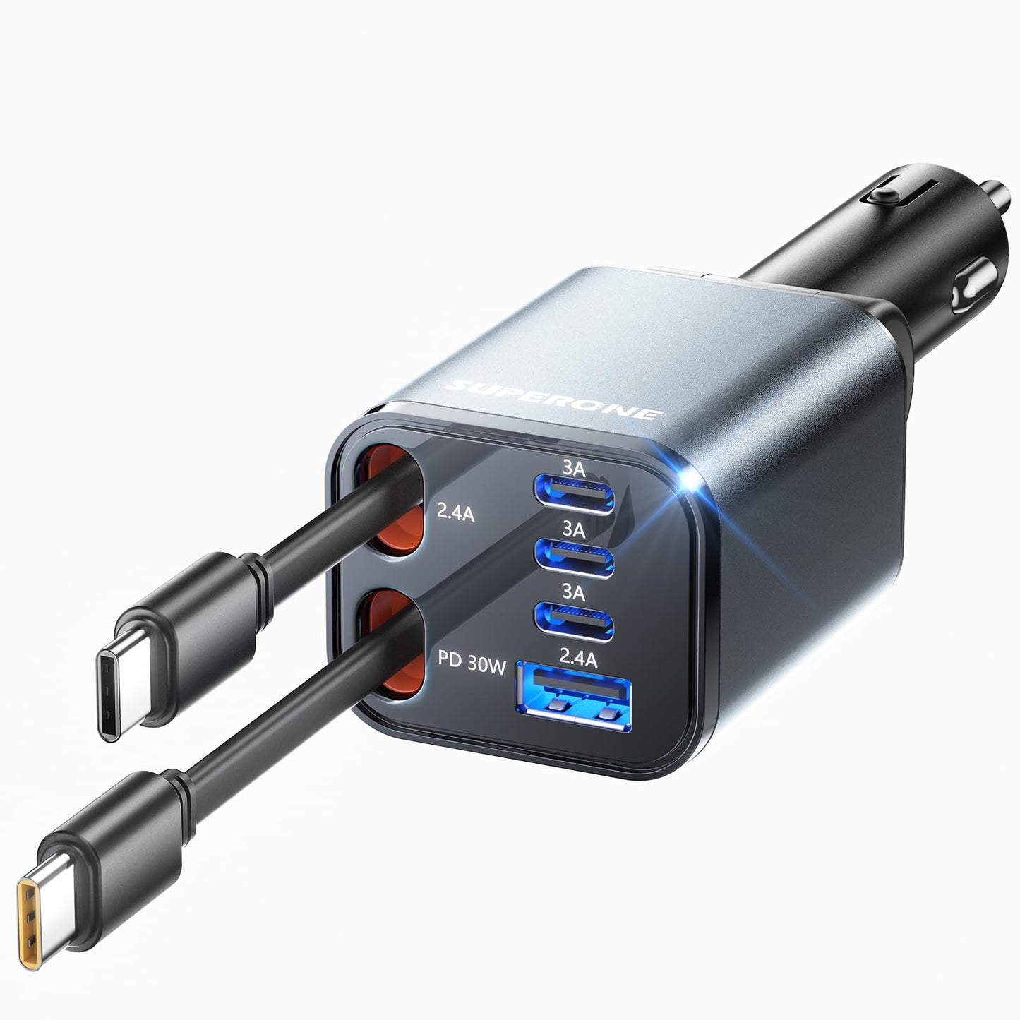 SUPERONE Retractable Car Charger, [Ultra-Compact] 6-Port Car Charger USB C, iPhone Car Chargers Fast Charging with Dual USB C Cables, RV Power Adapter for iPhone 17/16/15/14/13/12 Series
