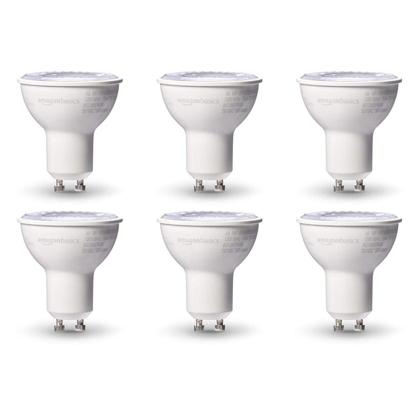 Basics MR16 LED Light Bulb, 50W Equivalent, Energy Efficient 7W, GU10 Base, Warm White 3000K, Dimmable, 10,000 Hour Lifetime, 6-Pack