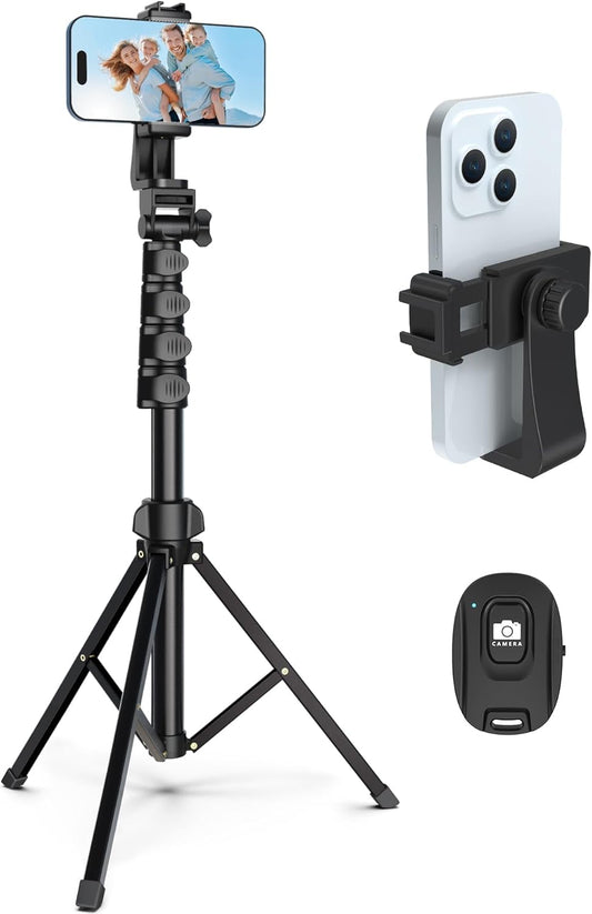 64” Tripod for Cell Phone & Camera, Phone Tripod with Remote and Phone Holder, Sturdy & Stable Height Adjustable Multi-Angle Shot Selfie Stick Tripod