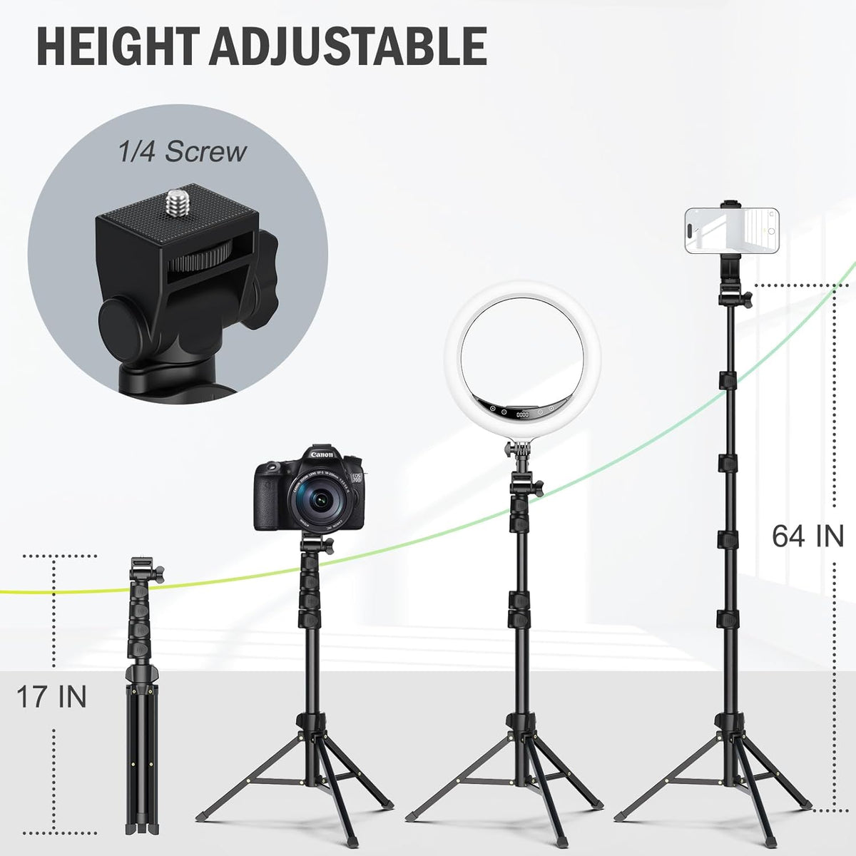 64” Tripod for Cell Phone & Camera, Phone Tripod with Remote and Phone Holder, Sturdy & Stable Height Adjustable Multi-Angle Shot Selfie Stick Tripod