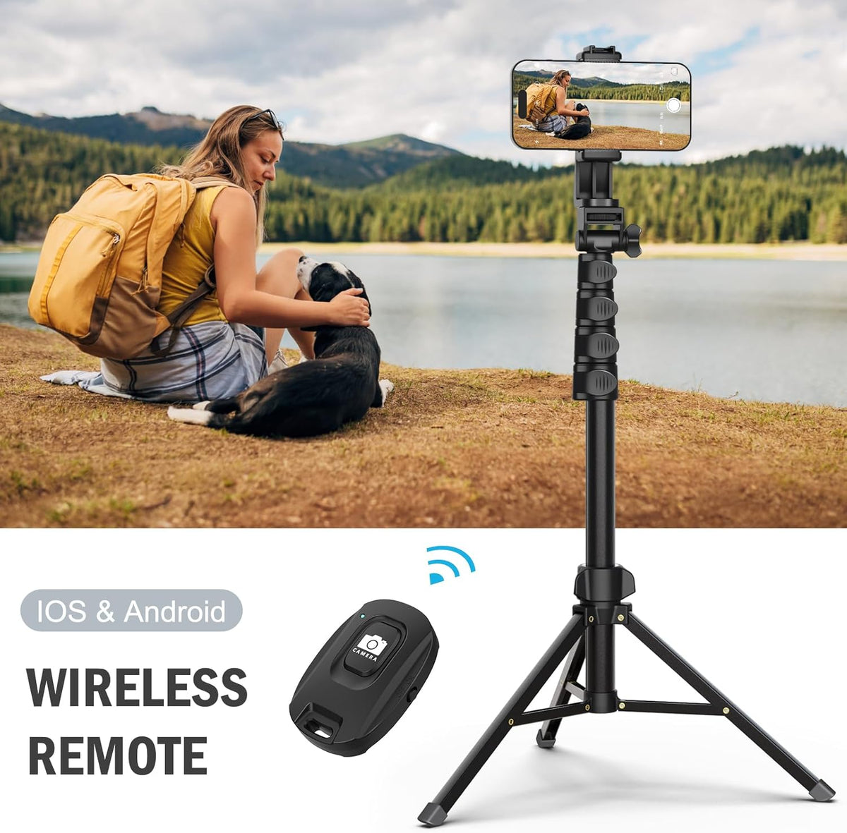 64” Tripod for Cell Phone & Camera, Phone Tripod with Remote and Phone Holder, Sturdy & Stable Height Adjustable Multi-Angle Shot Selfie Stick Tripod