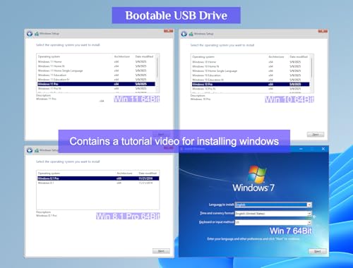 64GB - Bootable USB Drive 3.2 for Windows 11/10 / 8.1/7, Install/Recovery, No TPM Required, Included Network Drives (WiFi & LAN)