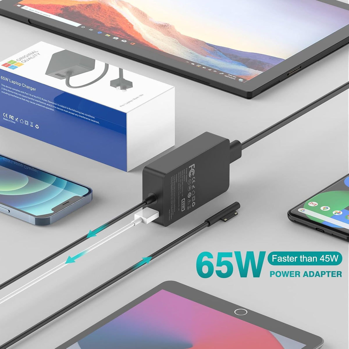 65W Charger Compatible with Microsoft Surface Pro 11, 10, 9, 8, 7+, 7, 6, 5, 4, 3, X, Power Adapter for Windows Surface Laptop 7/6/5/4/3/2/1