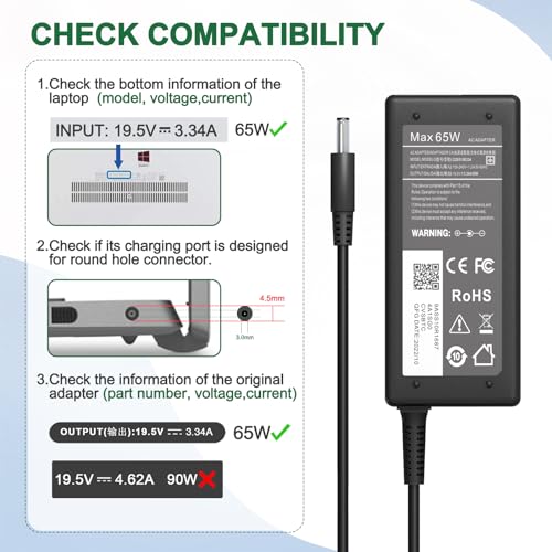 65W Charger for Dell Laptop Charger, AC Adapter for Dell Inspiron 15 3000 5000 Series 15-3552 3558 3565 3567 5551 5552 5555 5558 5559 Laptop