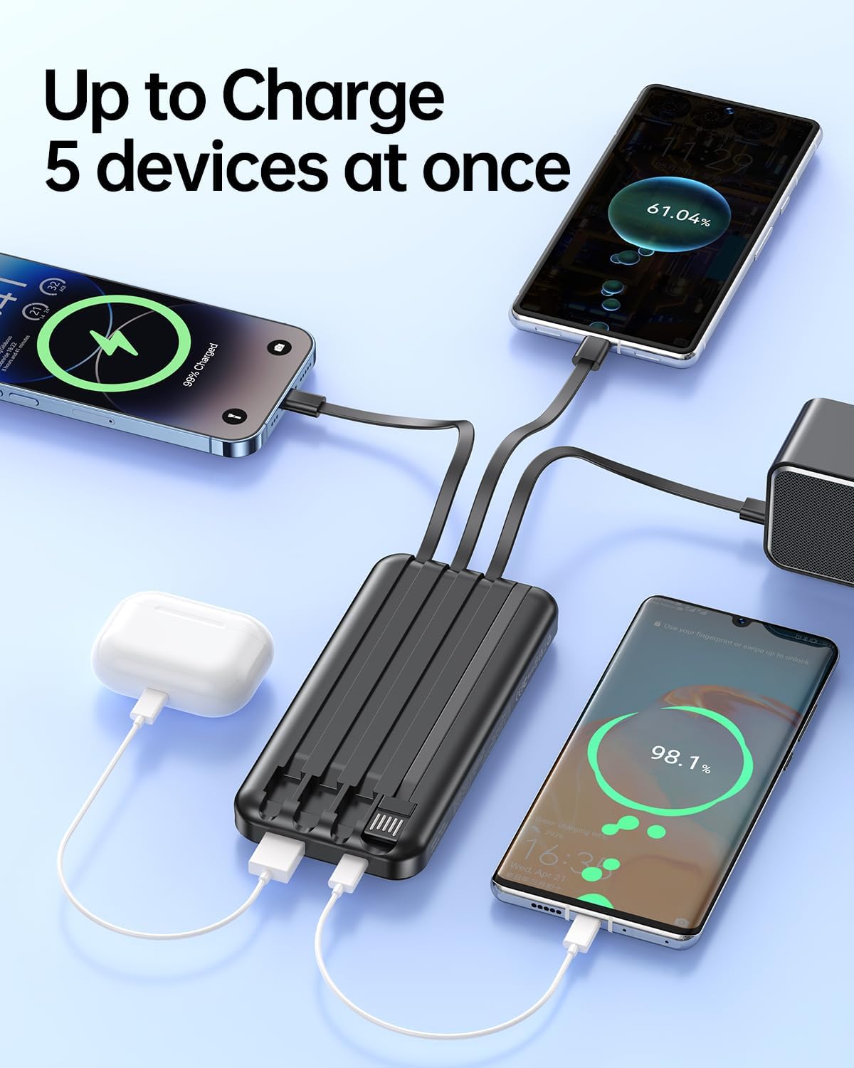 Portable Charger with Built in Cable - Power Bank Fast Charging USB C LED Display 10000mah Battery Pack 5 Outputs & 3 Inputs for Travel Essentials iPhone Samsung Android Phones Tablets Black
