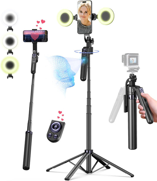 71” Auto Face Tracking Tripod for iPhone with Light, 360° Rotating Phone Stand with Rechargeable Remote Control for TikTok Vlog Video Recording