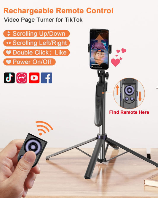 71” Auto Face Tracking Tripod for iPhone with Light, 360° Rotating Phone Stand with Rechargeable Remote Control for TikTok Vlog Video Recording