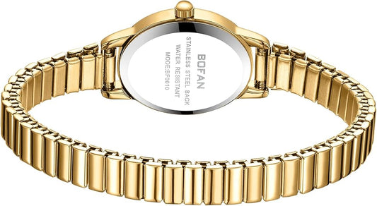BOFAN Small Gold Watch for Women – Easy Read Quartz, Stainless Steel Expansion Band, Waterproof