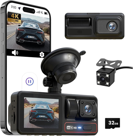3 Channel Dash Camera for Cars,Triple Lens 4K+1080P+1080P Dash Cam Front Rear Inside,Built-in 5G WiFi & App, Night Vision,24H Parking Mode,Loop Recording,170° Wide Angle,32GB Card Included(Black)