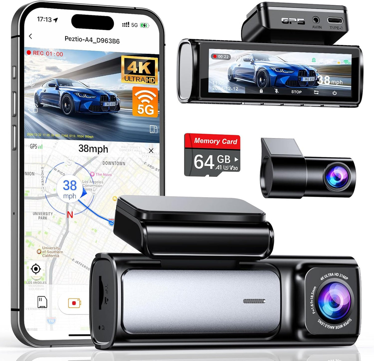Affver 4K+2.5K Dash Cam Front and Rear, Built-in 5G WiFi 6 GPS Dual Dashcam | 64GB Card Included, 3.59" IPS Screen, APP Control, G-Sensor, Loop Recording, 24H Parking Mode, Night Vision, Car Dash Camera
