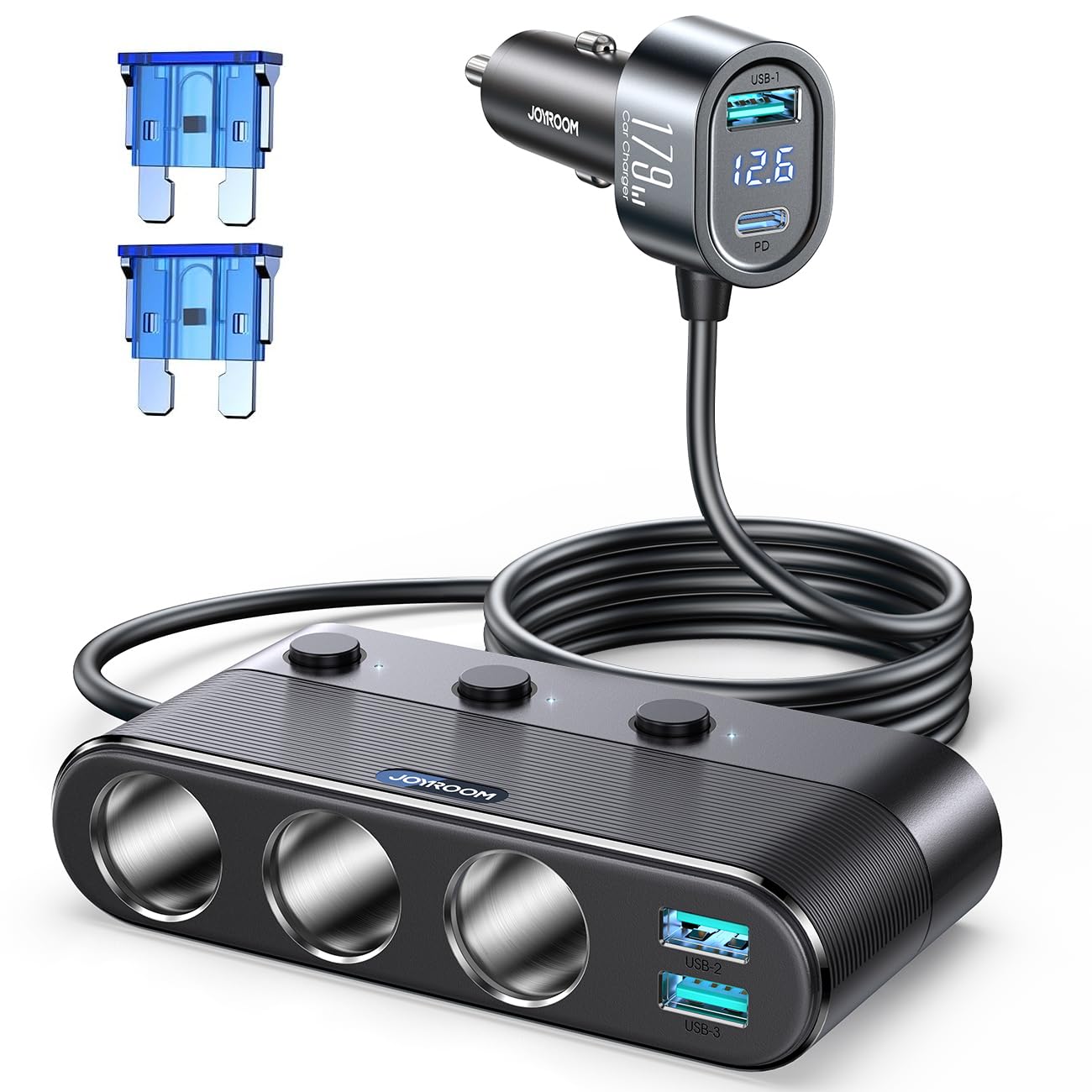 [2026 Upgraded] 7 in 1 Cigarette Lighter Adapter, JOYROOM 179W Car Charger Adapter with PD30W Charge(3.3FT Cable), 24V/ 12V Cigarette Lighter Splitter with Independent Switches & LED Voltage Display