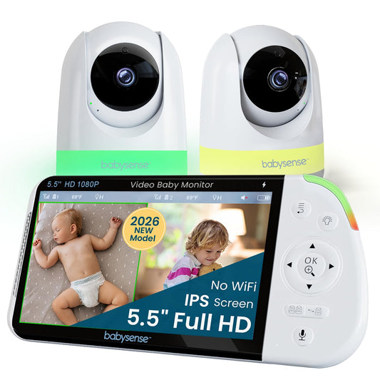 Babysense PRO Full HD 5.5" Split Screen Baby Monitor with 2 Cameras, 6-Color Night Light, White Noise, Sound & Light Machine, 20-Hour Battery, Hack-Proof Non-WiFi Secure Connection