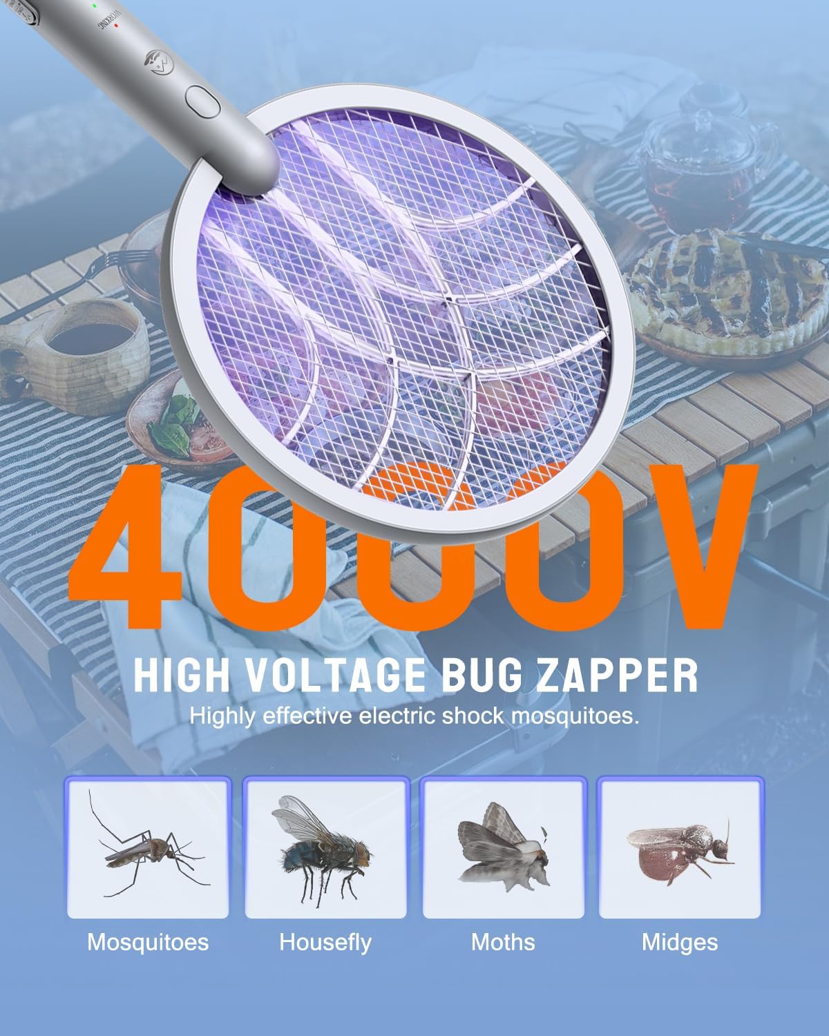 Electric Fly Swatter Racket, 4000V Bug Zapper with 1800mah Rechargeable Battery & Dual Modes, 2 in 1 Purple Mosquito Light Killer with 3-Layer Safety Mesh for Indoor Home Patio Camp(1 Pack)