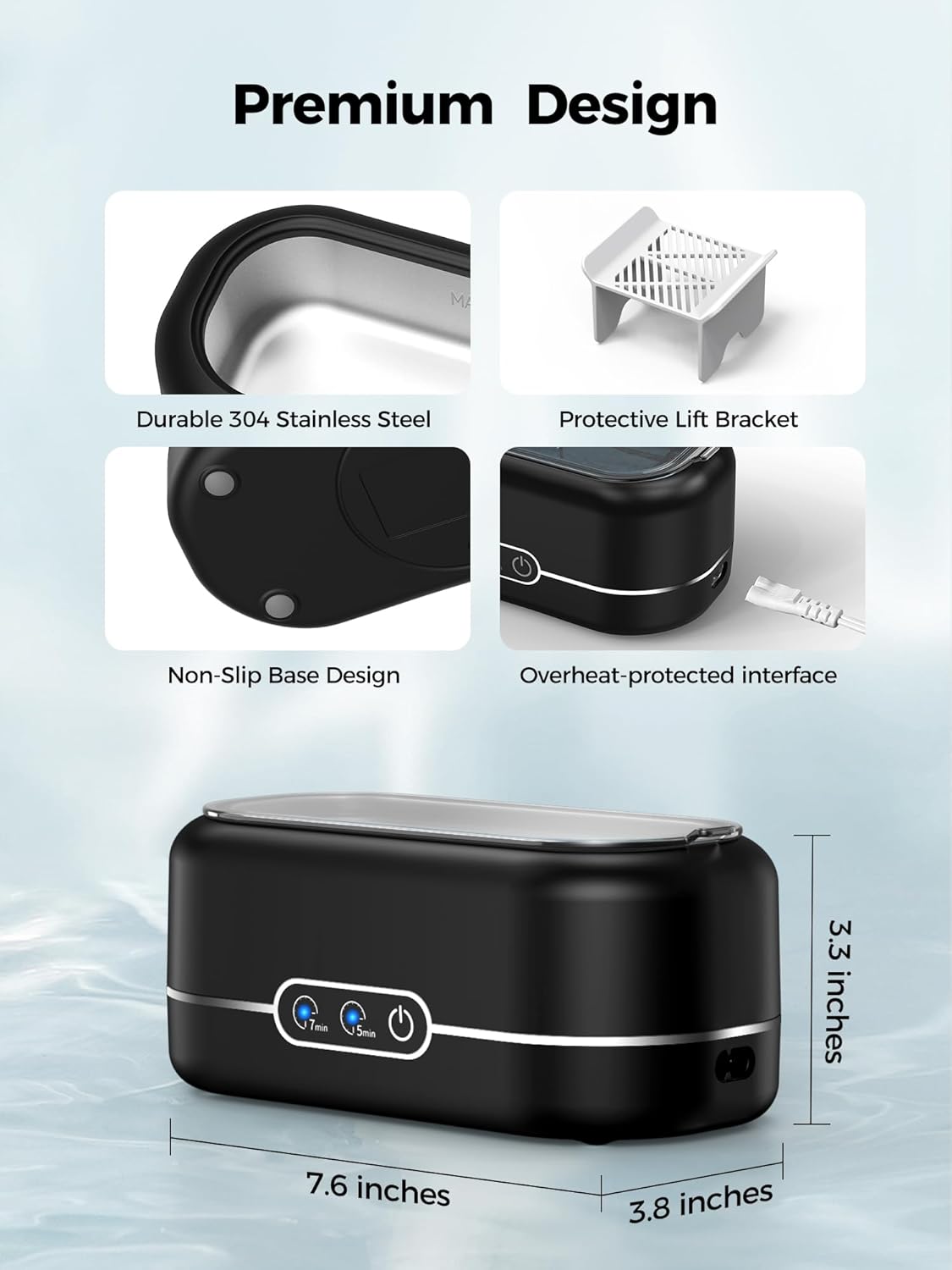 Ultrasonic Jewelry Cleaner, 48KHz Jewelry Ultrasonic Cleaner Machine for All Jewelry, Glasses, Rings, Retainers, Watch Strap, Dentures, 304 Stainless Steel 12oz Cleaning Pod - Black