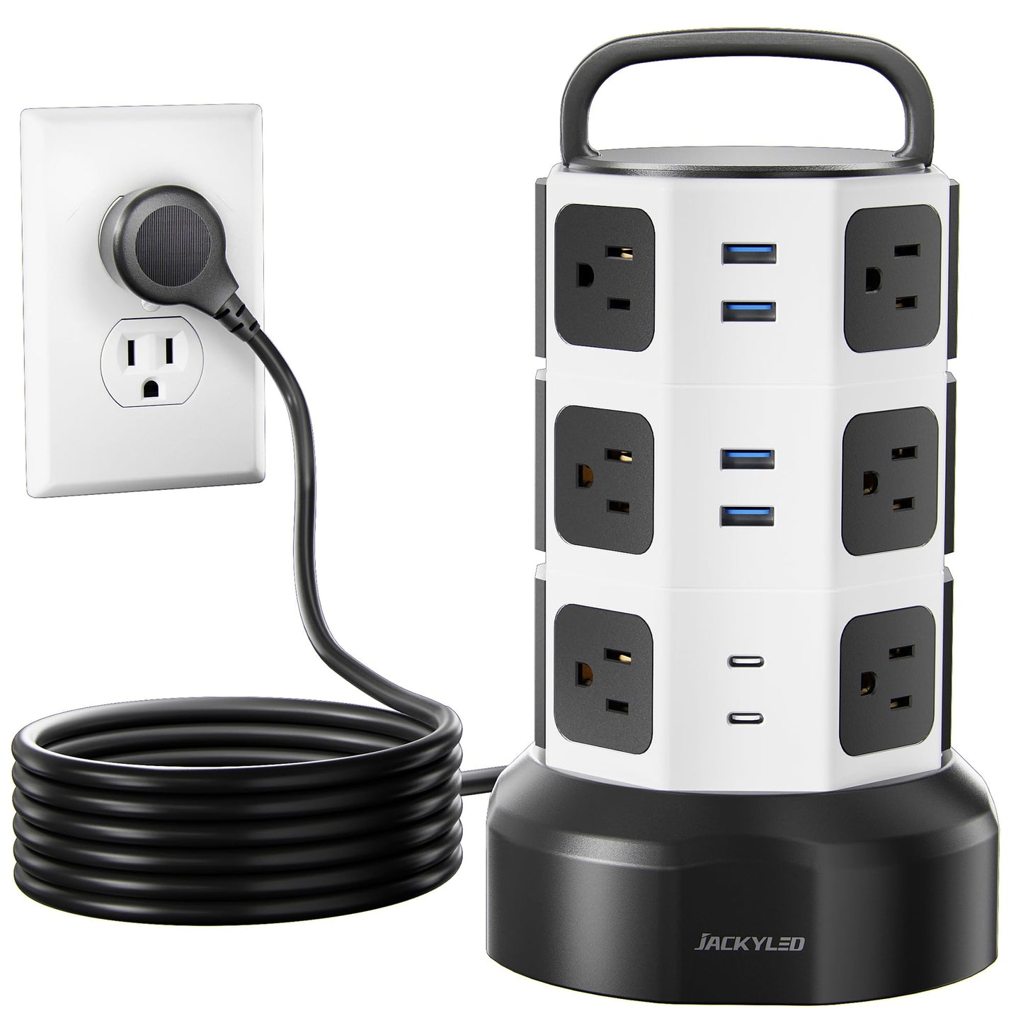 Power Strip Tower JACKYLED Surge Protector Electric Charging Station with 13A 12 Outlets 6 USB Ports Heavy Duty Extension Cord for Home Office Computer Nightstand Laptop Phone White Black