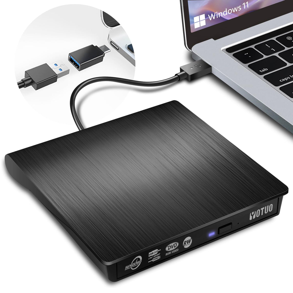 External CD/DVD Drive, Portable USB 3.0 & USB-C CD RW Drive, DVD Player, DVD Burner for Laptop, Desktop, Compatible with Windows 7/8/10/11, Mac, MacBook Pro/Air, Linux (IDD029-2)