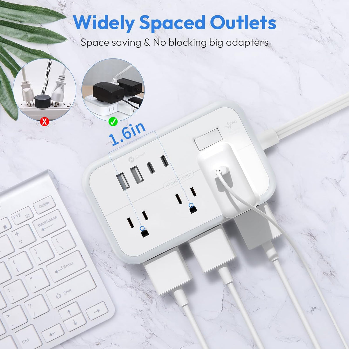 Extension Cord 15 ft, Power Strip with 6 Outlets 4 USB Charger(2 USB C Port), Flat Plug Outlet Extender Long Cord, Protection for Indoor, Home, Office Supplies, Dorm Room Essentials