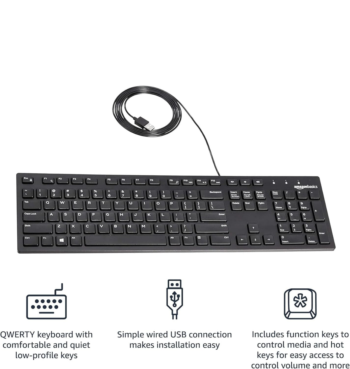 Wired QWERTY Keyboard, Full-Sized, Black