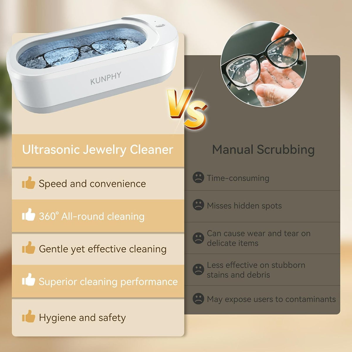 KUNPHY Ultrasonic Jewelry Cleaner, Jewelry Cleaner Machine 12oz 46KHz, Professional Sonic Cleaner with One-Touch Operation, Sonic Cleaner for Rings, Glasses, Jewelry, Dentures White