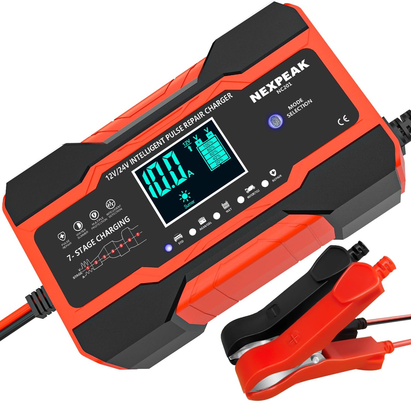 NEXPEAK NC201 10-Amp Battery Charger, Smart Trickle Charger 12V 24V Car Battery Charger Fully Automatic Maintainer Desulfator w/Temp Compensation for Car Truck Lawn Mower Boat Marine Batteries